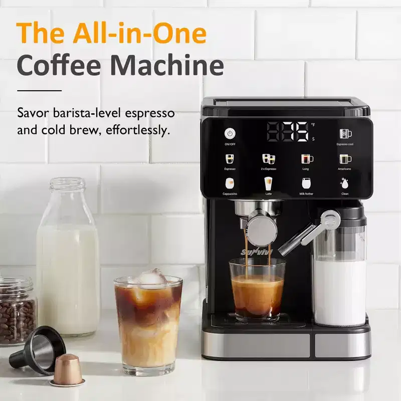 Heynemo Espresso Machine with Cold Brew, All-in-one Iced Coffee Maker with Automatic Milk Frother, LED Touchscreen, 51OZ Water Tank, Black
