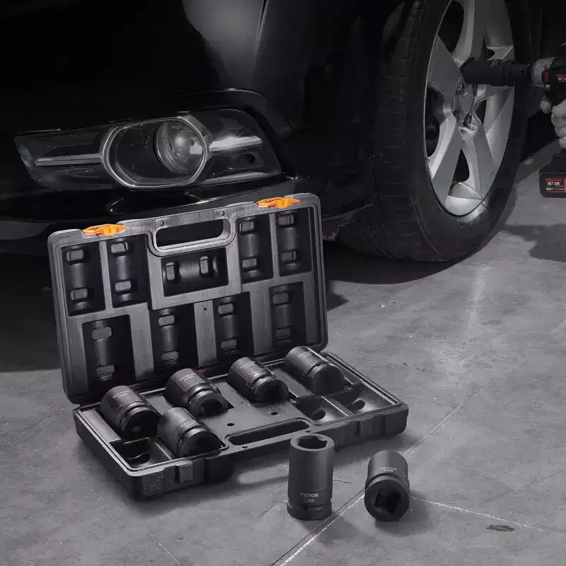 VEVOR 1 Drive Impact Socket Set, 8 Piece Deep Socket Set Metric 27-41mm, 6 Point Cr-Mo Alloy Steel for Auto Repair, Easy-to-Read Size Markings,BLACK