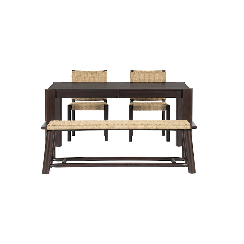 Farmhouse Wood Dining Set of 4, Extendable Kitchen Table Set with 2 Curved Backrest Chairs and Rattan Bench for 4-8 Guests