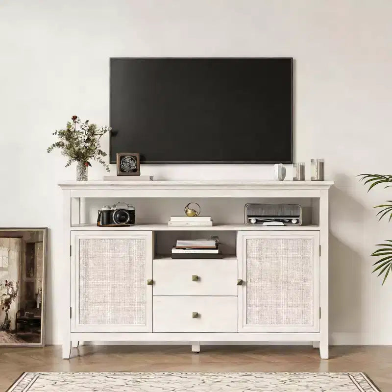 JVNOXK 52.8 Rattan Sideboard, Boho Farmhouse Storage Cabinet with Adjustable Shelves, Accent Buffet Cabinet for Kitchen White