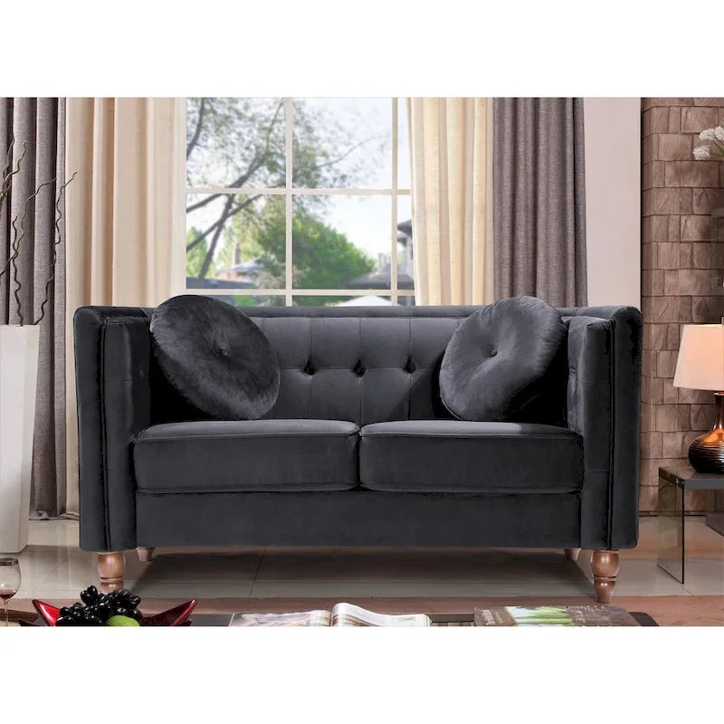 Crushed Velvet Loveseat with Button-Tufted Back and Bolster Pillows