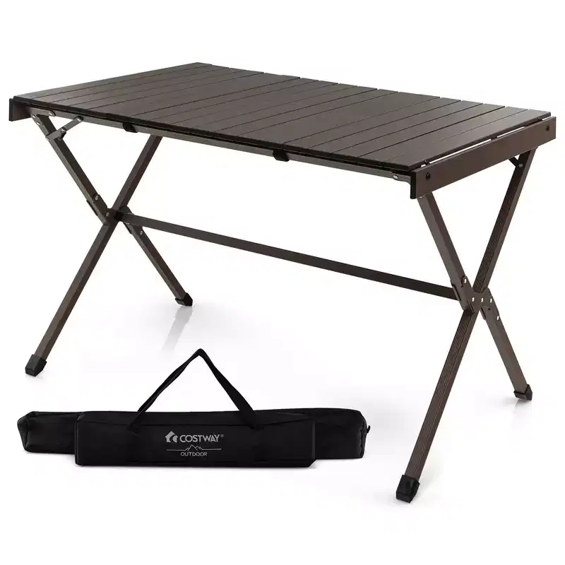 4-6 Person Portable Aluminum Camping Table Lightweight Roll Up Table Grey/Brown