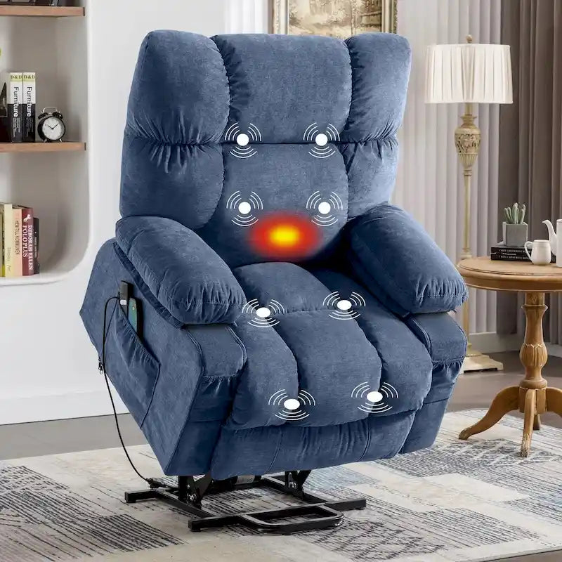 Power Lift Recliner | Heat & 8-Point Massage | USB Port | 350 lb | Blue Fabric