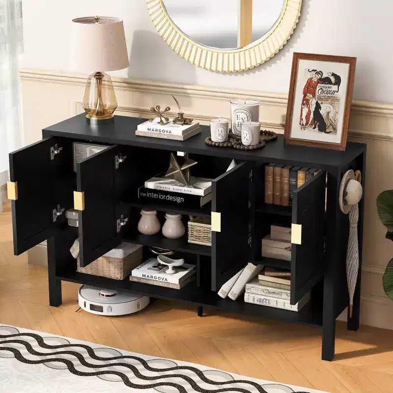 Modern Double Tiers 4-Door Sideboard Storage Cabinet for Dining Room, Living Room, Kitchen Pantry Cabinets with Open Shelves