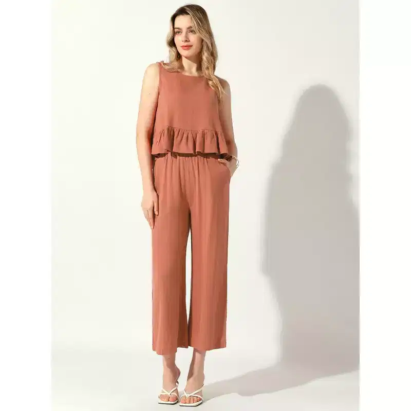 Allegra K Women's Summer Linen Crop Tank Tops Lounge Matching Sets Long Track Pants Trousers Tracksuits