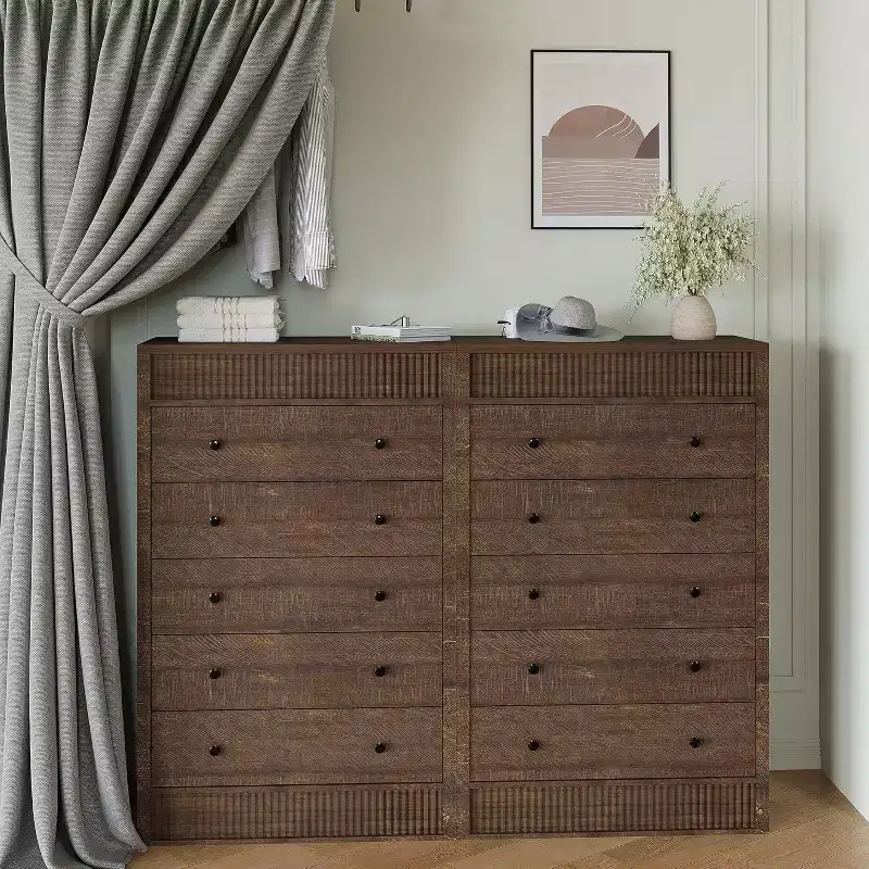 5-Drawer Tall Walnut Dresser, 31.5 Wide Fluted Chest of Drawers Modern Wood Storage Cabinet for Bedroom Kids Room Hallway Living Room