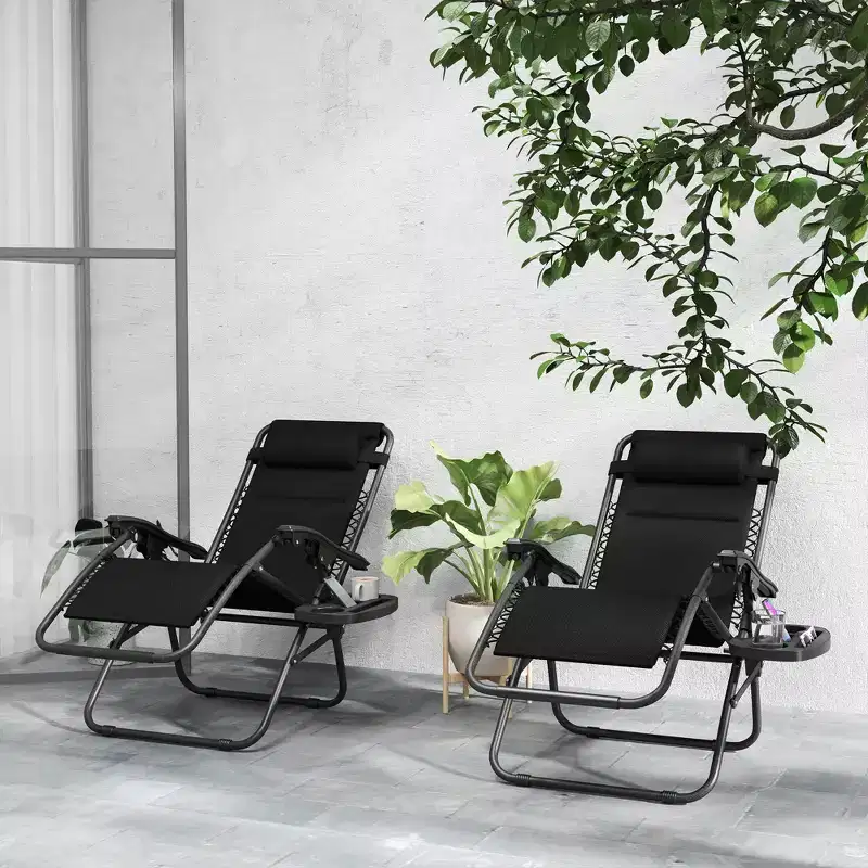 Outsunny Zero Gravity Lounge Chair Set of 2 Reclining Folding Outdoor Lounge Chairs with Cushion, Headrest, and Side Tray for Patio Beach