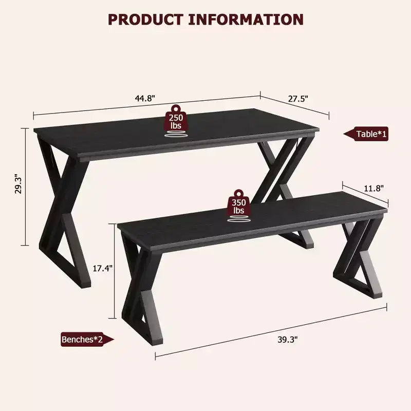 Dining Table Set for 4, Kitchen Table with Sturdy Metal Frame, Rectangular Dining Room Table Set with 2 Benches, Saving Space for Kitchen, Dining Room