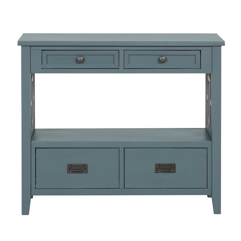 36 in. Farmhouse Pine Wood Console Table with 4 Drawers and Open Shelf