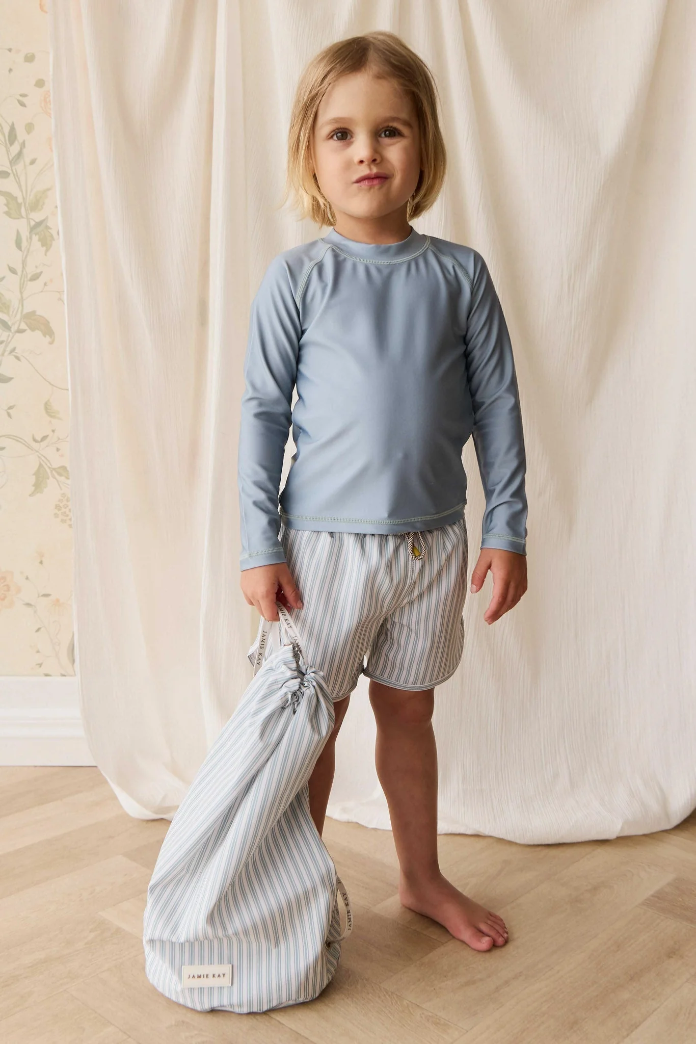 Sporty  Blue Variegated Stripe Recycled Polyester Swim Bag with Drawstring for Kids