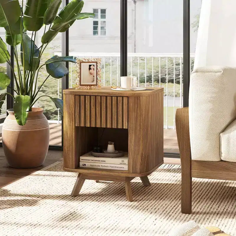 Costway 1/2 PCS Wood Nightstand with Drawer & Open Shelf Storage Home Bedside Table for Bedroom