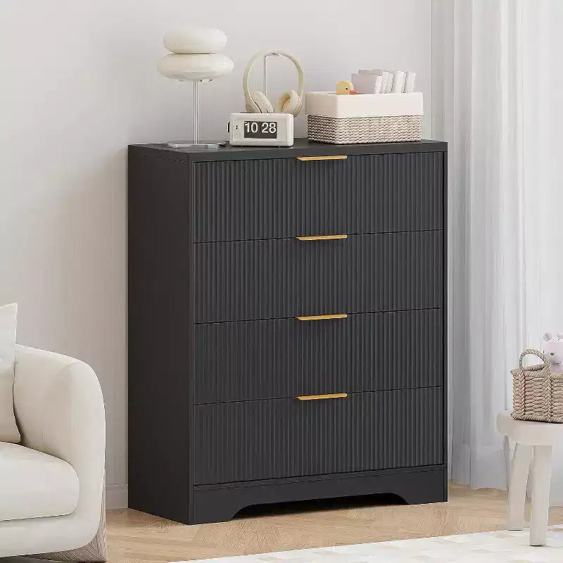 Fluted Dresser with 4 Drawers, 38.6 Inch Tall Chest of Drawers with Gold Metal Handles for Bedroom, Living Room and Hallway