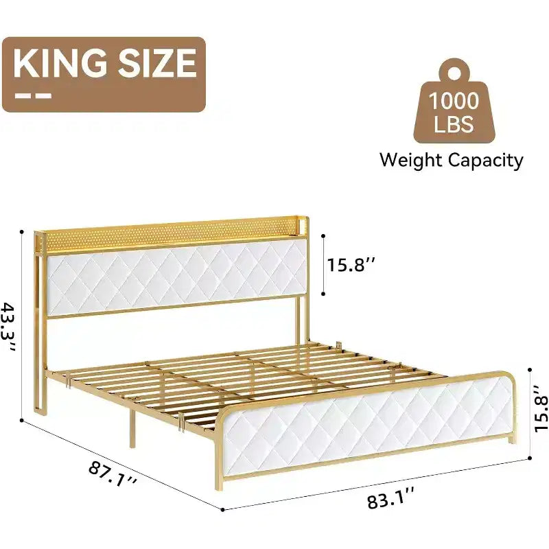 King Size Platform Bed Frame with Storage Headboard, USB Charging Station, LED Lighting, Underbed Storage, Easy Assembly, Heavy-Duty Support, White
