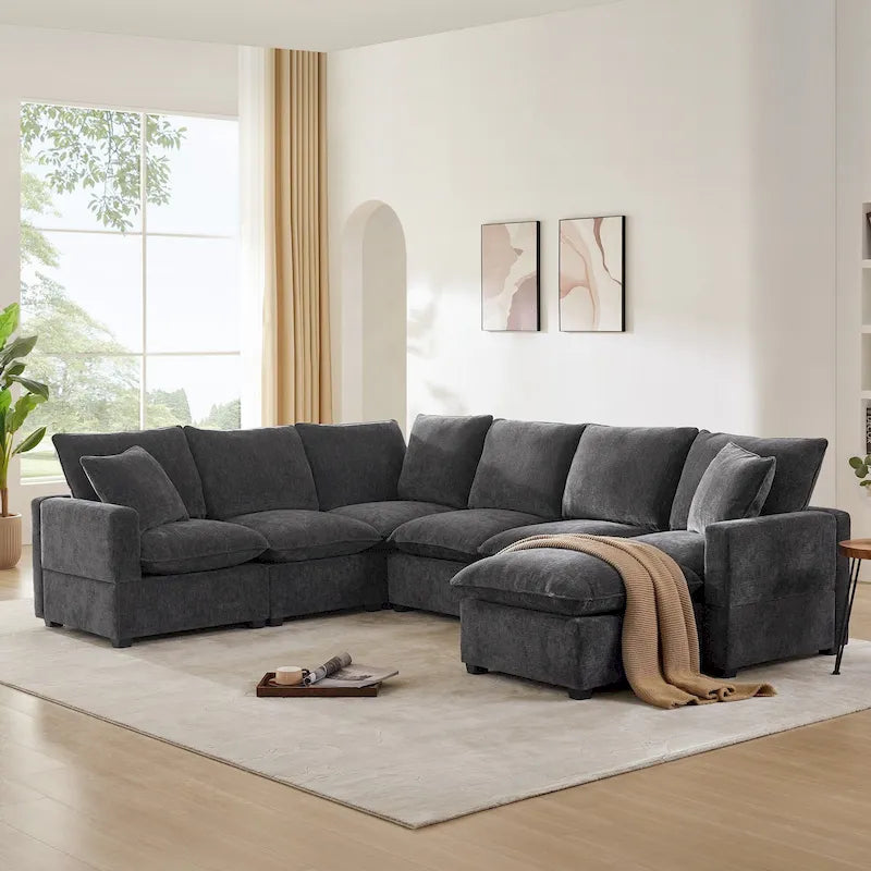 U Shape Modular Sofa, 7 Seat Chenille Sectional Upholstered Couch Set
