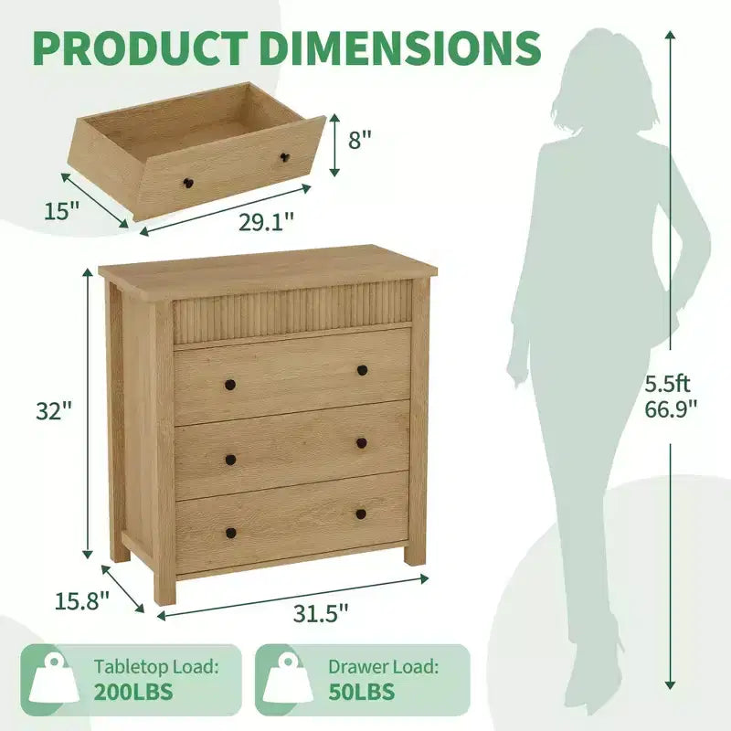3-Drawer Dresser Nightstand, Wooden Fluted End Table for Bedroom, Natural Wood