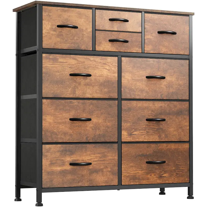 Rustic Wood-grain Bedroom Dresser with Metal Frame, Wooden Top