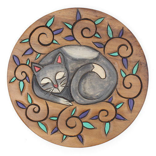 Curled Cat Carved Raintree Wood Stool