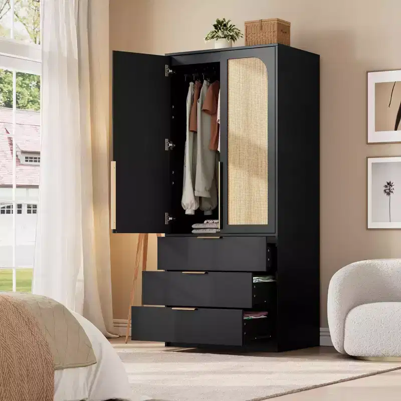 Rattan Armoire Wardrobe Closet with 3 Drawers & 2 Doors – Tall Wooden Bedroom Cabinet for Hanging Clothes