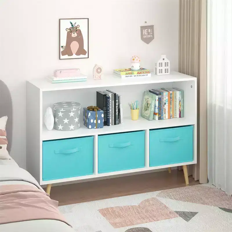 Childrens Bookshelf 4 Cubby Toy Storage Organizer with Collapsible Fabric Drawers, Kids Bookcase Book Display for Kids Room, Playroom and Nursery