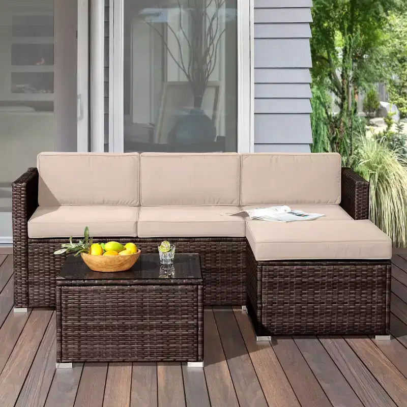 Pure Garden 3pc Outdoor Patio Rattan Furniture Set with Sectional Ottoman and Table Brown