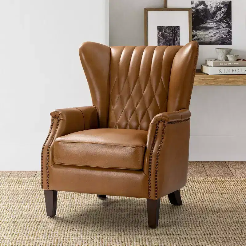 Valerius Genuine Leather Armchair with Nailhead Trims and Solid Wood Legs | HULALA HOME