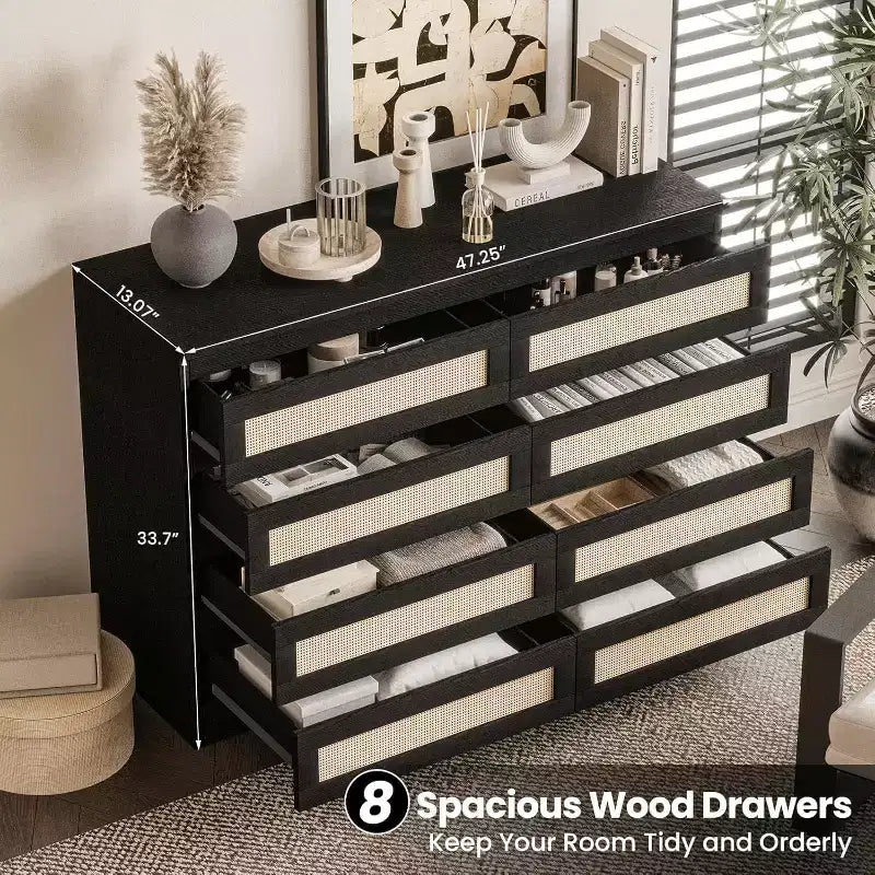 8-Drawer Rattan Dresser with Wide Tabletop