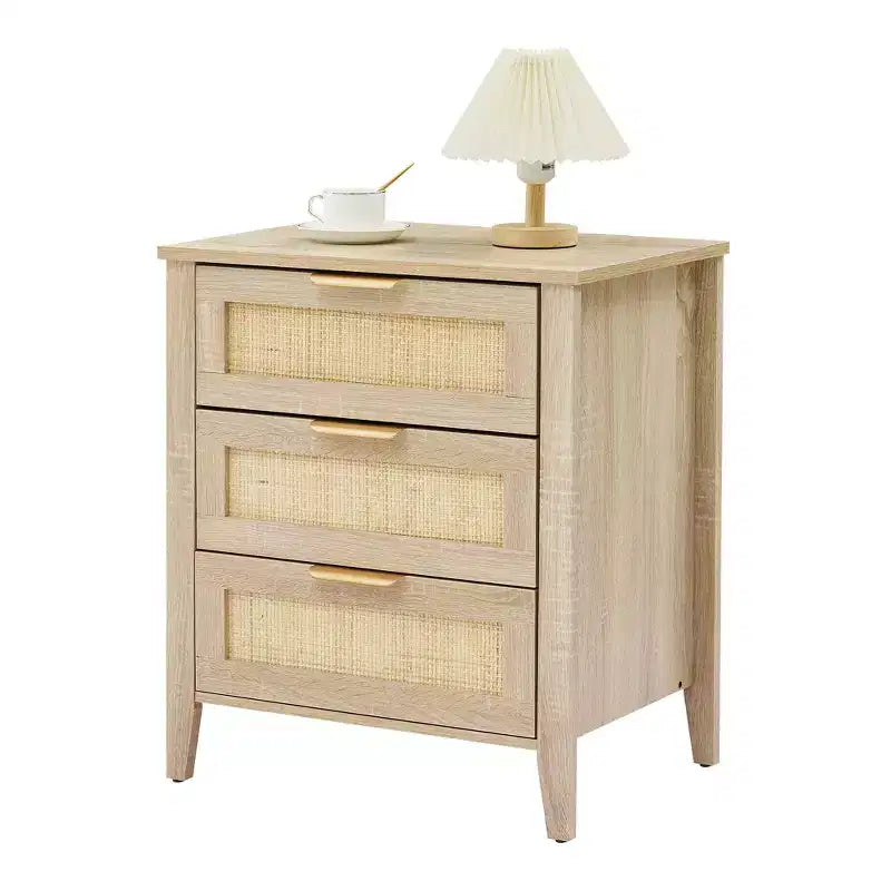 Acekool Rattan Nightstand, 3 Drawer Boho Bedside Table, Modern Storage, Wood Legs, for Bedroom or Living Room, Natural