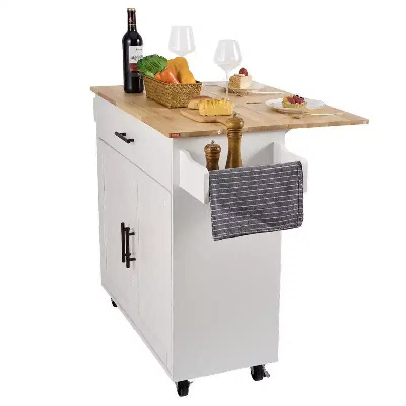 Okak Kitchen Island with Solid Wood Top, Kitchen Cart with Storage Cabinet, Drop Leaf and Drawer, Countertop Organizer for Kitchen, White