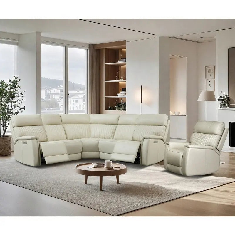 105 W Genuine Leather Power Reclining Sectional and Recliner Sofa Set with USB&USB-C Port, 2 Stationary Armlesschairs