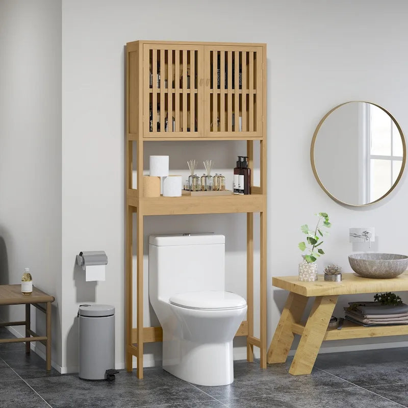 Bamboo Over the Toilet Storage Cabinet with Slatted Doors and Adjustable Shelf