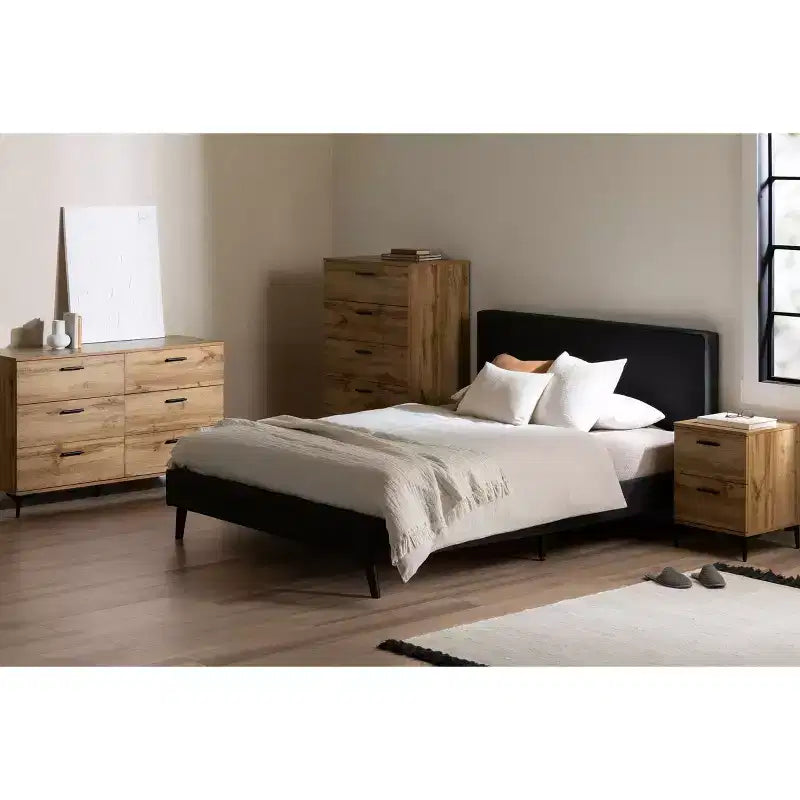 South Shore Musano Nightstand Nordik Oak: Modern Urban Bedside Table with Metal Handles, 2 Drawers