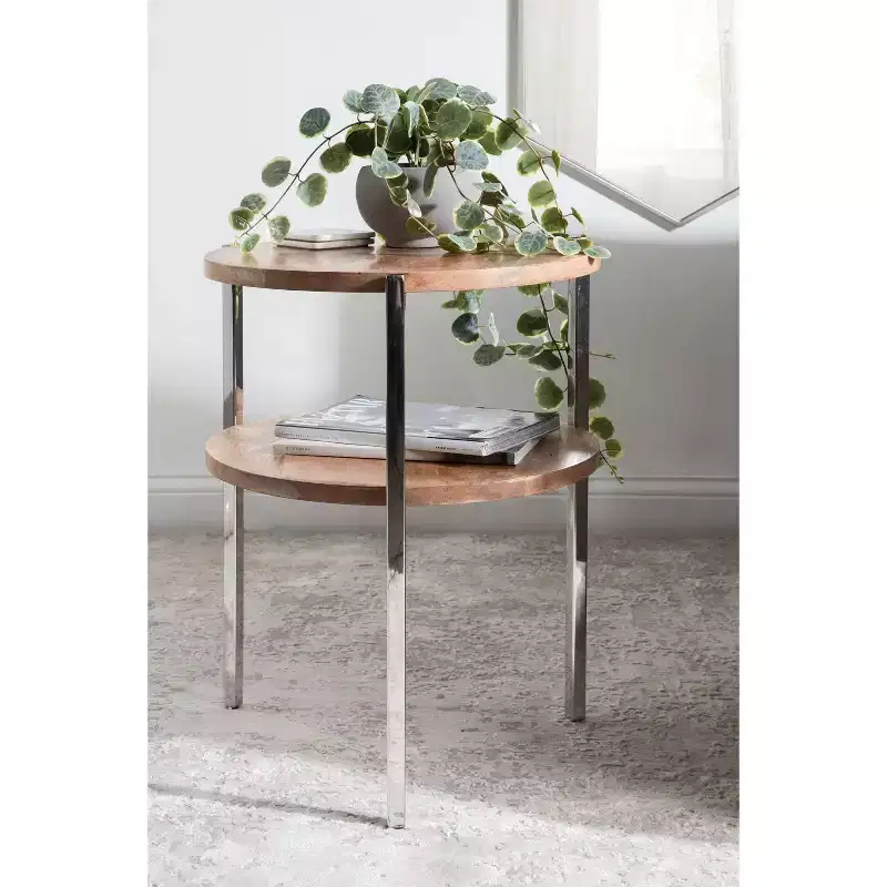 Kate and Laurel Lamaar Round Wood Side Table, 19x19x25, Natural and Silver