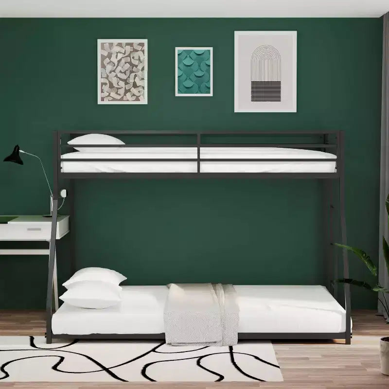 Christopher Knight Home Joanna Twin Over Full Metal Low Profile Bunk Bed with Safety Vent Board and Guardrail Built-In Ladder