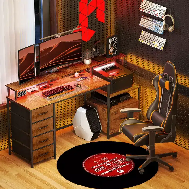 Computer Desk with Power Outlets and LED Lights, 67 Computer Table with File Cabinet and Fabric Drawers