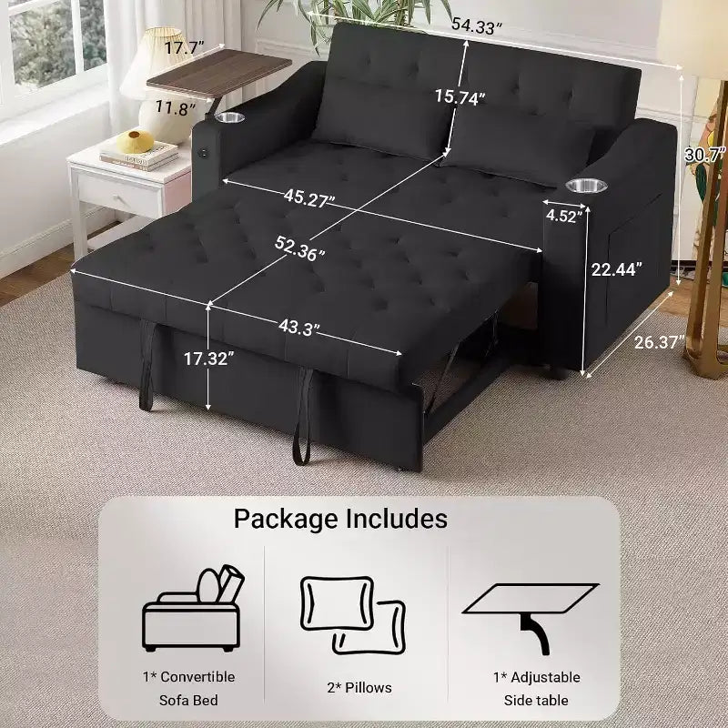 MooxvMoo 3 in 1 Sleeper Sofa Bed,Convertible Pull Out Couch with Small Table,USB and Type-C Ports,Loveseat Sleeper Bed with Side Pockets,Black