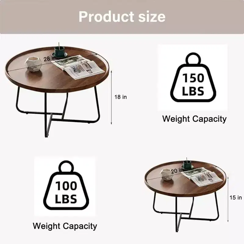 Modern Coffee Table, Small Round End Table with Geometric Iron Base & Walnut MDF Top, Compact Side Table for Living Room Office Dorm