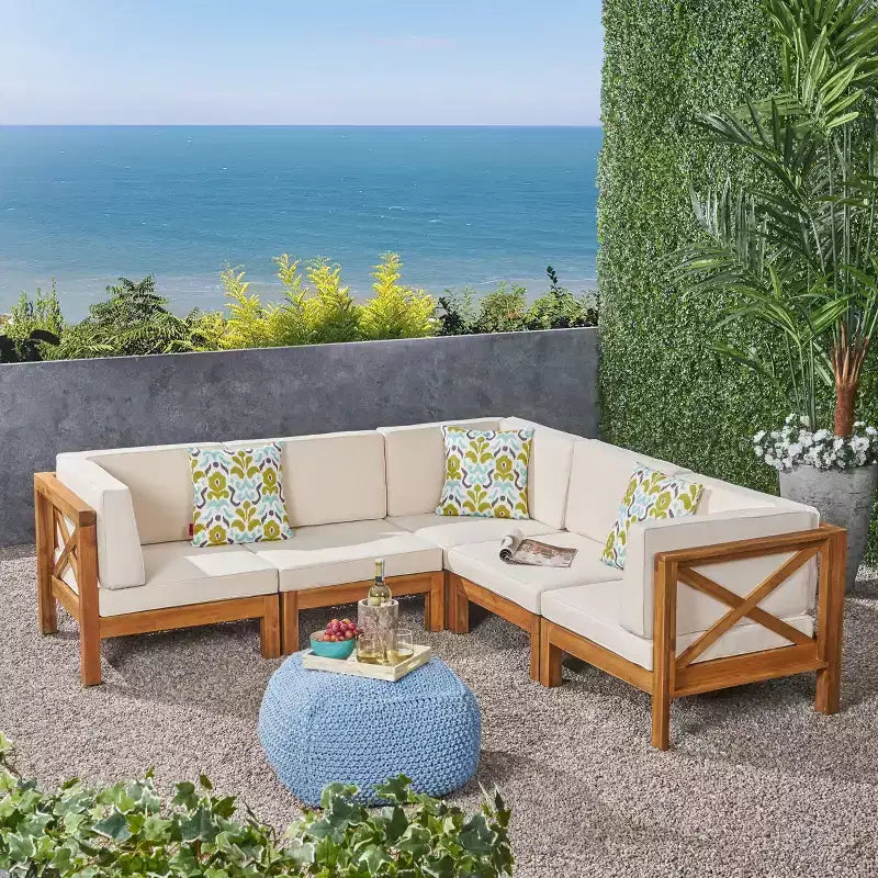 Christopher Knight Home Brava Outdoor Acacia Wood 5 Seater Sectional Sofa Set with Cushions