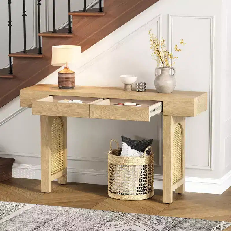 Rattan Narrow Console Table with Storage, Minimalist Wood Entryway Table with Drawers for Living Room and Hallway, Natural