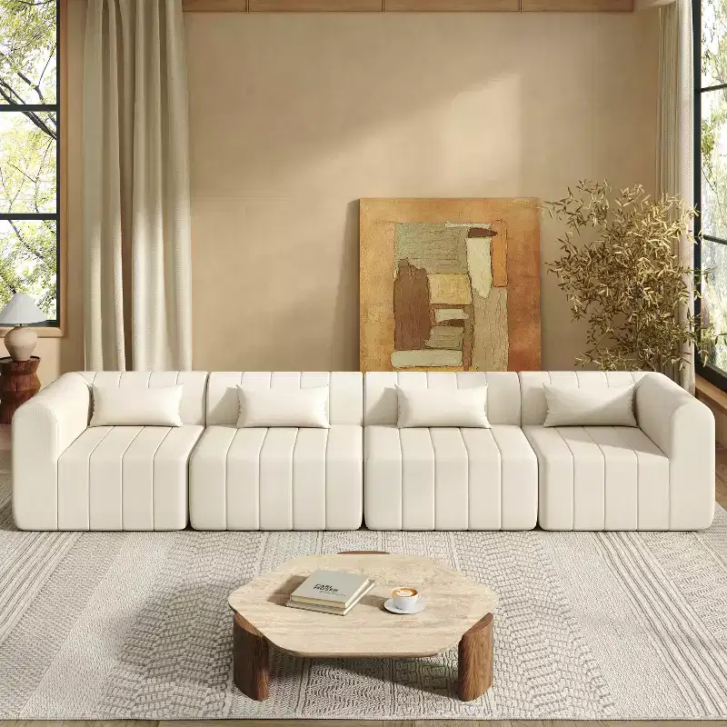 145.5-Inch Modular Sectional Sofa with Beige Polyester Upholstery, 4 Pieces, for Living Room