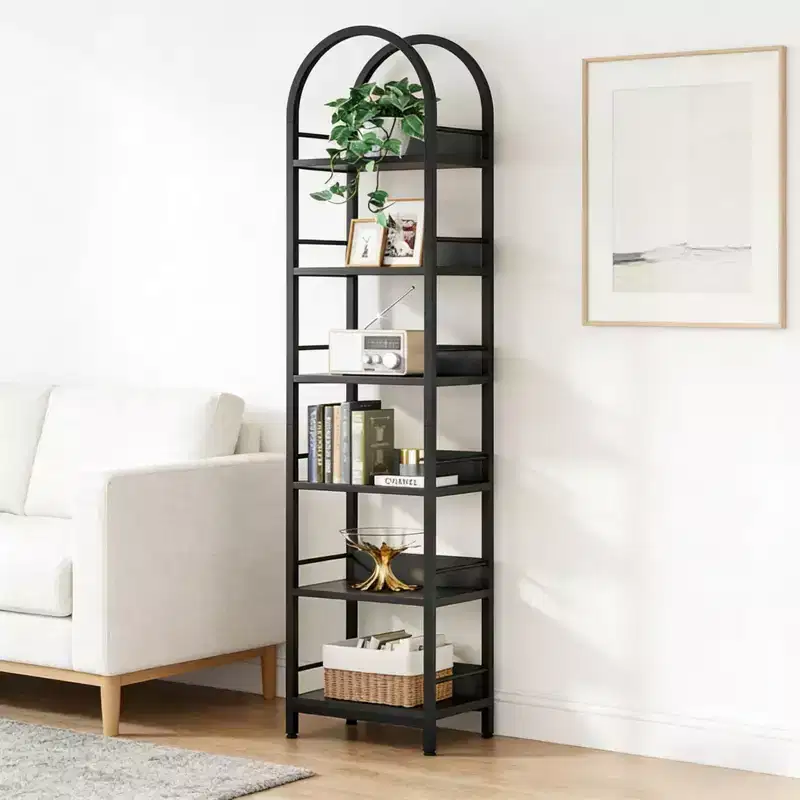 NAYSAYE Arched Corner Bookshelf 6 Tier Metal Wood Display Shelf Compact Storage Rack for Living Room Office, Black, 17.34*11.82*78.8