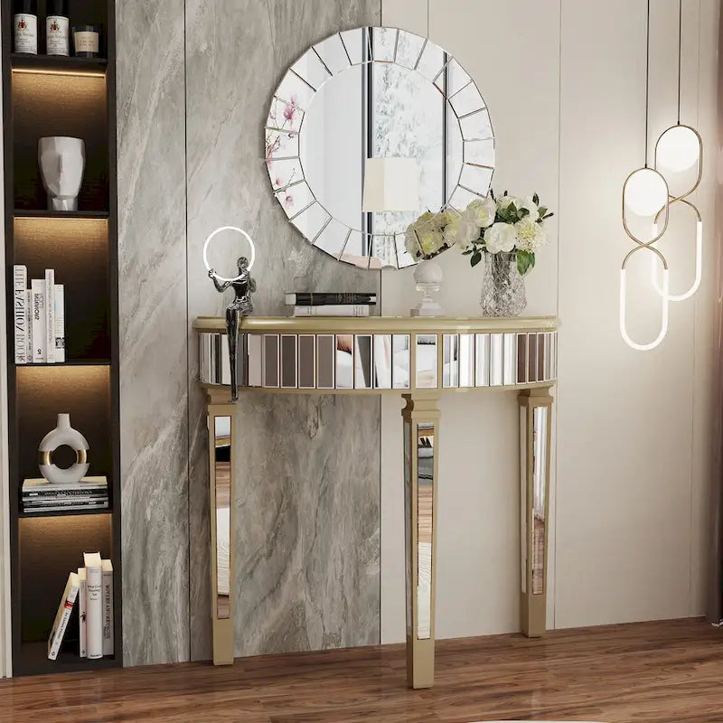 Silver Mirrored Half Moon Console Table - 35.4x31.6 inch
