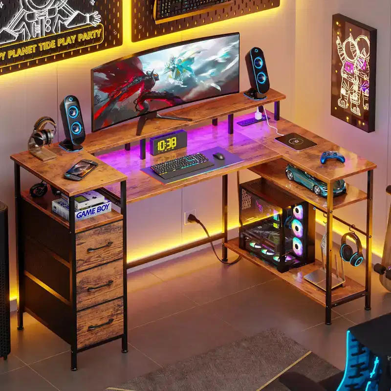 55 Inch Brown L Shaped Computer Desk with Charging Station Reversible Gaming Desk LED Lights File Cabinet Monitor Stand Storage Shelves Home Office
