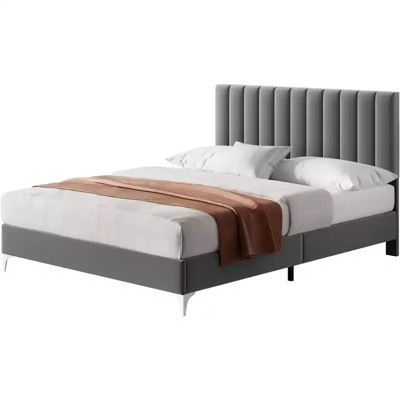 Whizmax Bed Frame Modern Velvet Upholstered 11 Inch Bed Frame with Headboard No Box Spring Needed, Gray
