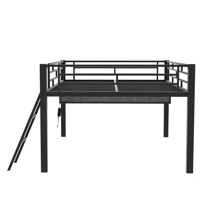 Whisen 92.8''L x 41.7''W Gaming Style Black Metal Loft Bed with Built in Desk, Ladder and Shelf