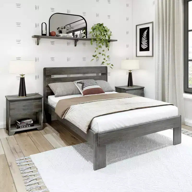 Plank+Beam Farmhouse Full Size Bed Frame with Plank Headboard, Solid Wood Platform Bed