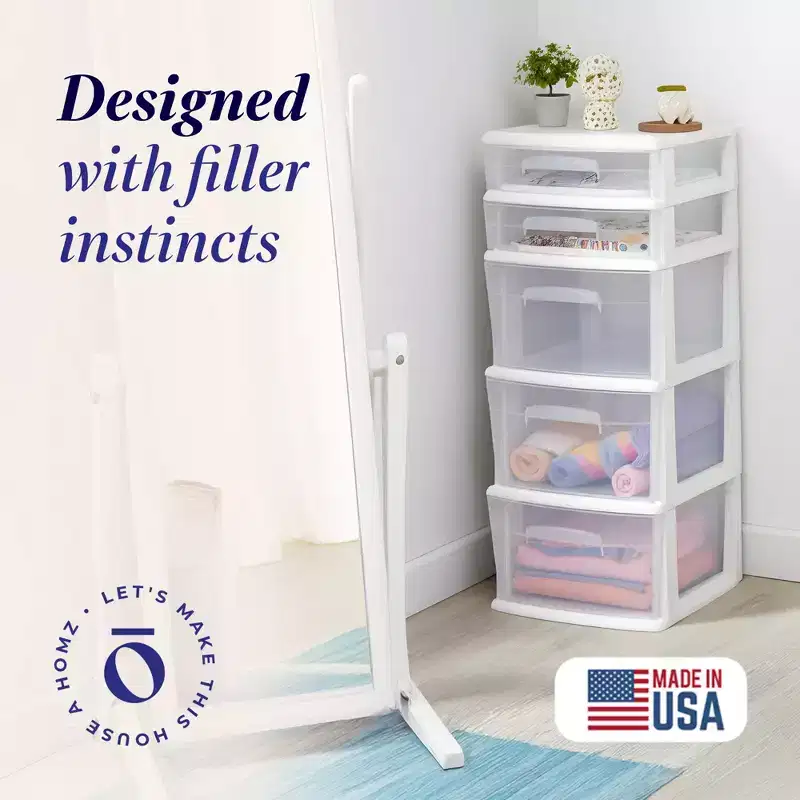 Storage Cart, Medium 5 Drawer Plastic Container for Home and Office Organization, White Frame with Clear Drawers