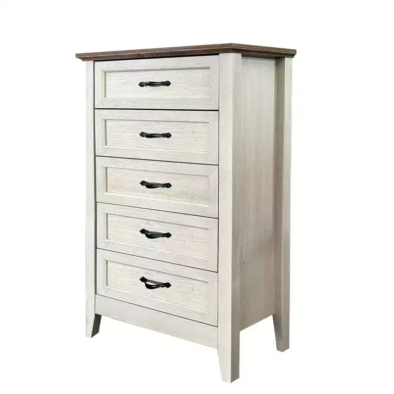 Wooden drawer cabinet, tall rustic-style vanity with wide metal handles, suitable for storage organization in bedrooms, hallways, and living rooms.