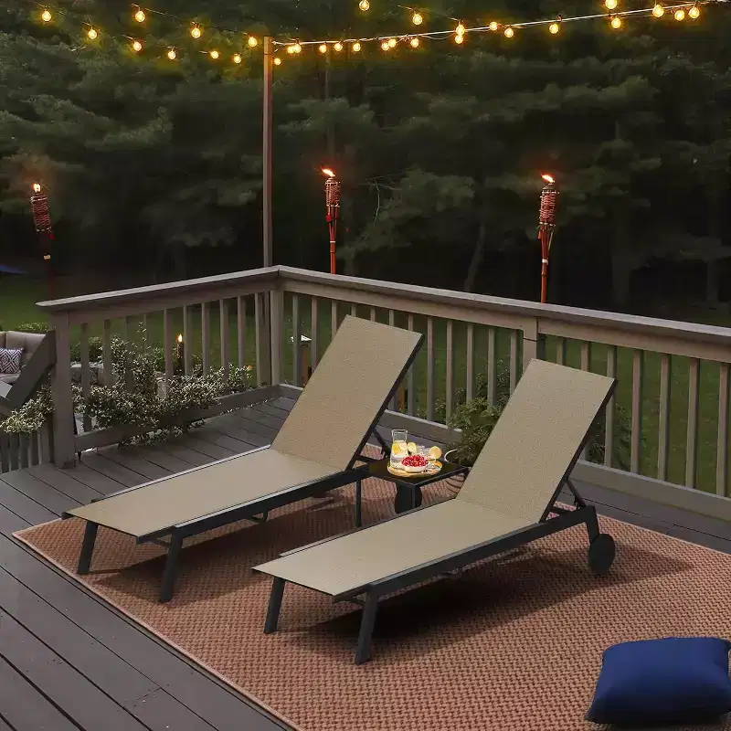 2 Patio Chaise Lounge Chairs with Side Table, Adjustable Reclining Outdoor Lounger with Wheels, for Poolside, Garden, Yard, Brown