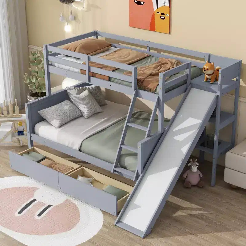 Twin over Full Bunk Bed with 2 Drawers and Shelves for Kids, Wood Bunk Bed with Ladder and Slide
