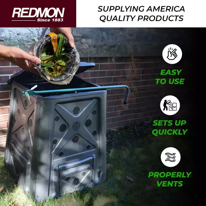 Redmon 65 Gallon Capacity Compost Bin with Snapping Lift Off Lid, 4 Door Access, and Multiple Vent Holes, for Home Gardens and Landscaping, Black